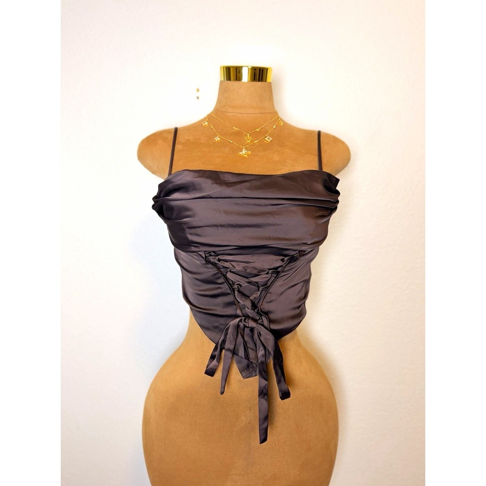 Silence + Noise Womens Brown Satin Ruched Tie-Front Spaghetti Strap Cami Top S